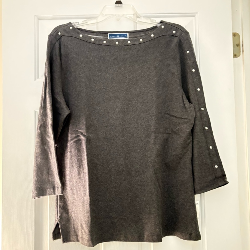 Karen Scott Charcoal Long Sleeve Top with Pearl Details